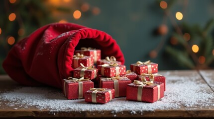 Santa's red sack spilling shiny gift boxes onto frosted wooden workbench