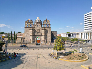Aerial front view of Santuario de Nuestra Senora de Guadalupe in Guadalajara Jalisco Mexico on a sunny day