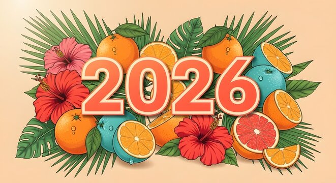Tropical fruits and flowers celebrate the year 2026