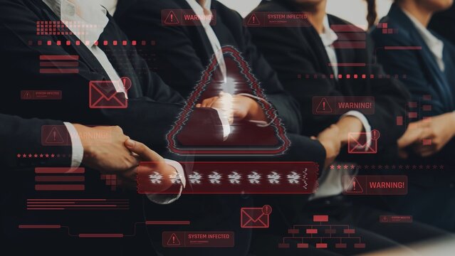 This image captures a business meeting focused on cybersecurity threats, featuring professionals in suits with warning graphics overlay, emphasizing urgency and collaboration. Raster