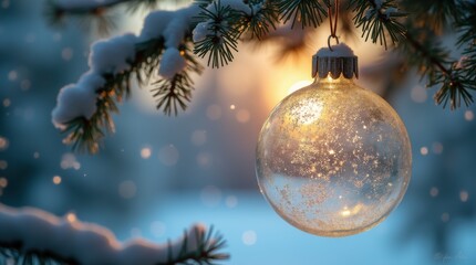 Shimmering glass ornaments dangling from pine branches frosted windowpane snowy glow