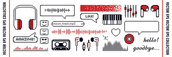 Set of pixel music art icons with sticker emojis and Y2K elements. Podcast sound elements in retro 8bit design. © Anchous