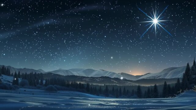Epiphany. Three Kings Day. Majestic nighttime mountain vista with starry sky and bright north star