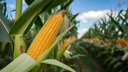 Golden Corn Growing in the Field Ready for Harvest Agricultural Landscape with Blue Sky and Green Stalks Farm Fresh Produce