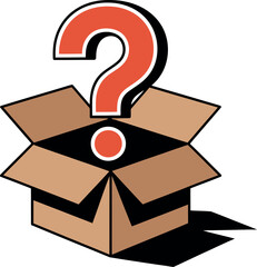 A large red question mark hovers over an open cardboard box.