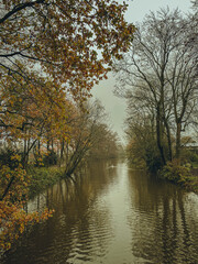 Autumn landscape with river and trees in cloudy day. Vintage style.