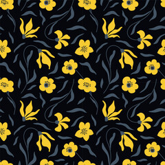 Obraz premium Floral Seamless Pattern. Summer Print. Yellow Flowers with Gray Leaves on Black Background. Fabric Sample. Vector Illustration