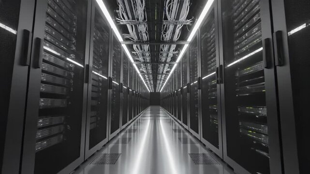 Futuristic Server Room with Glowing Lights and Endless Rows of Data Racks.