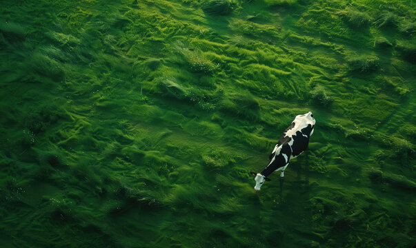 Cow grazing in green pasture aerial view from above