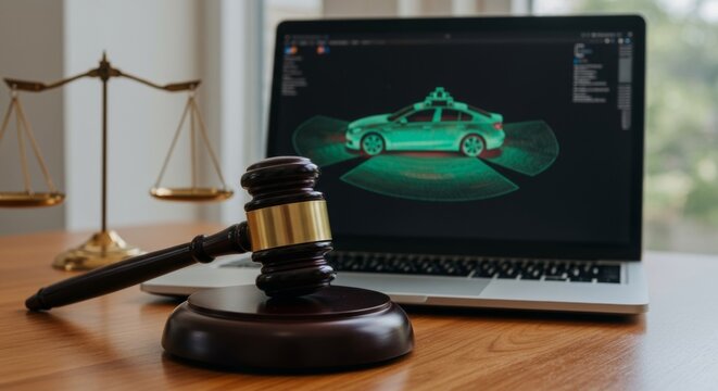 Legal frameworks and ethical dilemmas of autonomous vehicle technology represented by gavel, scales of justice, and self-driving car on laptop - Powered by Adobe