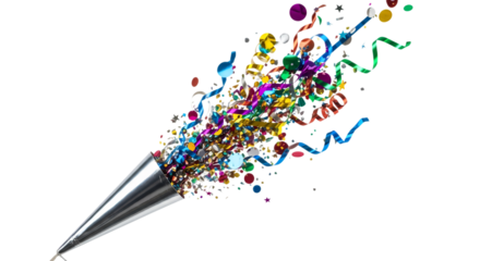 Vibrant explosion of colorful confetti streamers and metallic shapes bursting joyfully from a party popper for celebrations