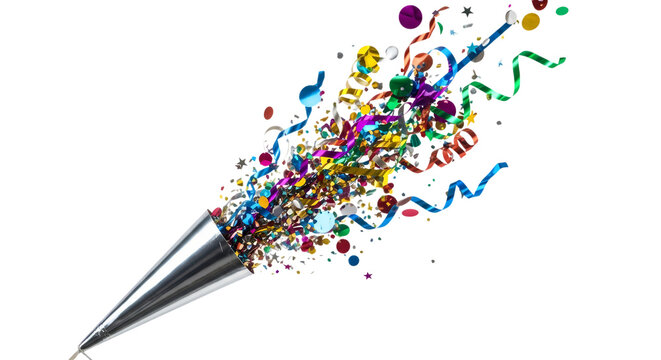 Vibrant explosion of colorful confetti streamers and metallic shapes bursting joyfully from a party popper for celebrations