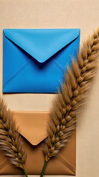 Artistic Arrangement of Vibrant Blue and Neutral Brown Envelopes with Decorative Wheat on Textured Background