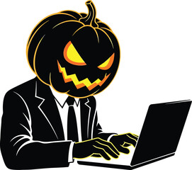 Halloween pumpkin head in a business suit typing on a laptop, symbolizing cyber threats, digital security risks, and online vulnerability illustration