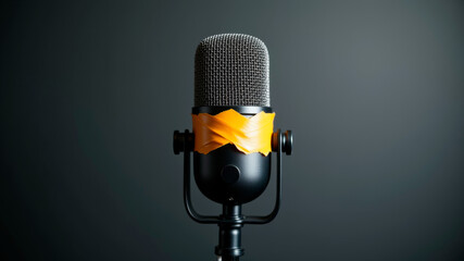 Fototapeta premium Studio microphone with warning tape wrapped around the grill in dramatic lighting