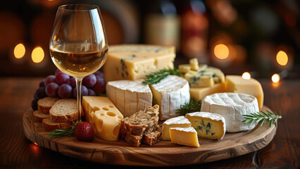 White wine glass with gourmet cheese board offering