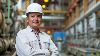 Worker wearing hard hat in industrial factory