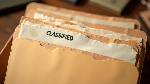Classified folders stacked together with security labels attached