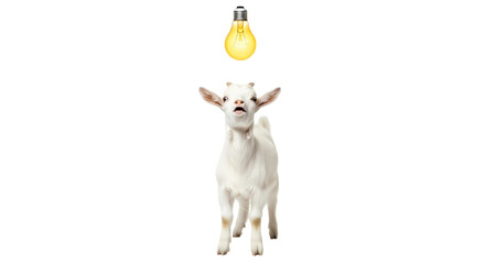 Adorable baby goat with bright idea bulb glowing above its head, capturing a moment of inspiration and curiosity