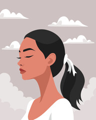 Serene womans profile in a sky. Psychology, mental health, clarity. Illustration for therapeutic posters, wellness.