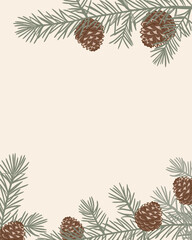 Fototapeta premium Christmas background with fir branches and pine cones.Winter frame with evergreen pine branches and cones.