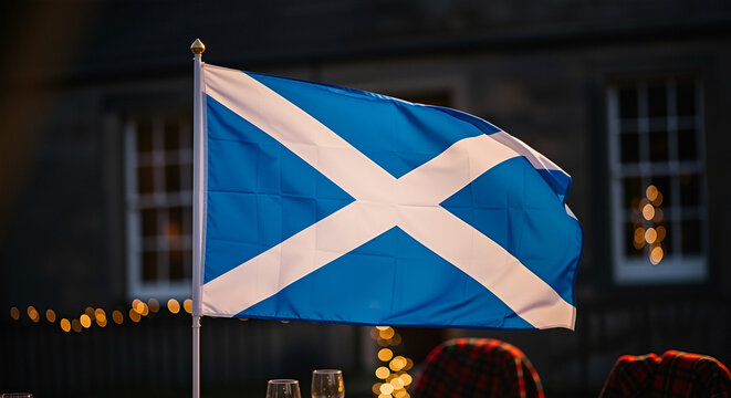 Scottish flag waving closeup of Saltire flag fluttering outdoors with golden bokeh lights, deep blue field. white diagonal cross, festive street ambiance, pride heritage tradition, winter celebration