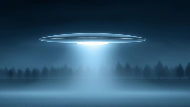 Bright flying saucer hovers silently above lonely countryside house emitting white beam through thick fog creating mysterious extraterrestrial night scene
