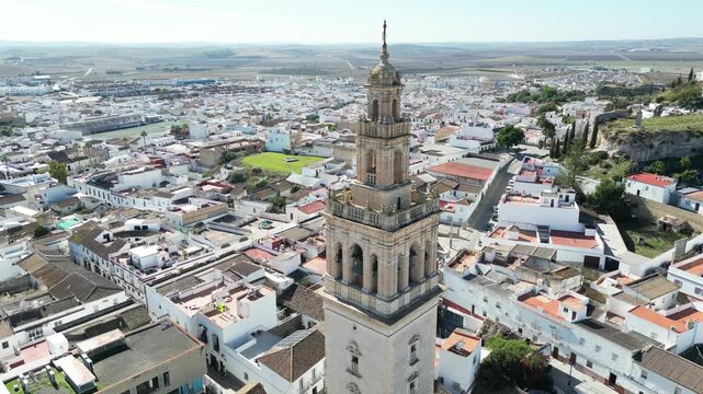 Bell tower of the lebrija church aerial view. Majestic bell tower of the church of nuestra senora de la oliva in lebrija, spain