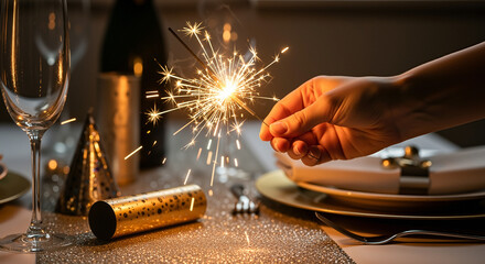 Sparkler in hand closeup of woman’s hand holding a lit sparkler over elegant holiday table, champagne flutes and party hats glow in warm bokeh, festive celebration, New Year dinner sparkle