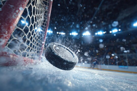 Flying puck with water splashes and ice particles creating dynamic atmosphere in vibrant hockey game moment against blurred background of fans and players in illuminated stadium