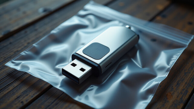 USB flash drive in sealed antistatic bag on smooth surface