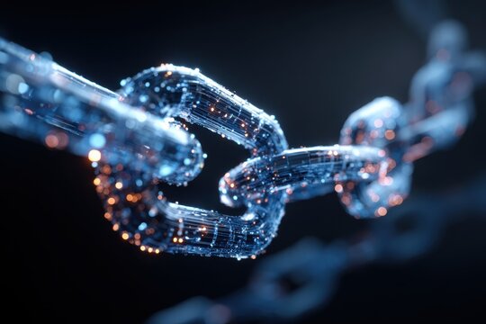 High-tech glowing chain design with luminous particles in blue and orange tones on a striking black background, evoking a sense of modernity and dynamic motion for tech enthusiasts