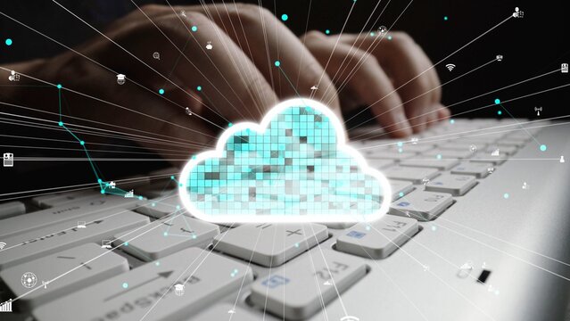 This image showcases the concept of cloud computing, featuring hands typing on a laptop keyboard with digital elements symbolizing data connectivity and transformation. Xenic - Powered by Adobe