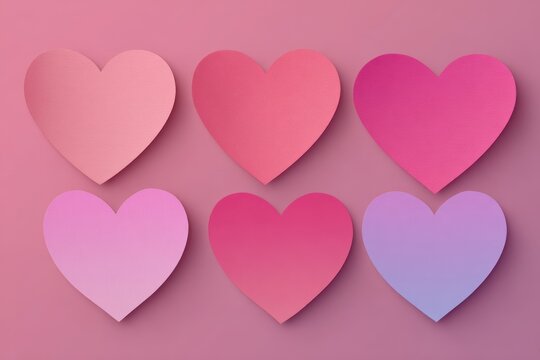 Charming hearts in soft pink and lavender hues arranged in two rows of three on a delicate pastel background, perfect for romantic or heartfelt themes and digital designs