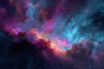 Obraz premium Colorful cosmic scene with vibrant blue, purple, and pink hues, showcasing deep space filled with bright stars, intricate gas clouds, and dust patterns, evoking mystery and beauty of the universe
