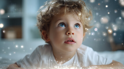 Child learning at home with floating digital tutor projection — curiosity, wonder, and clean minimalist environment