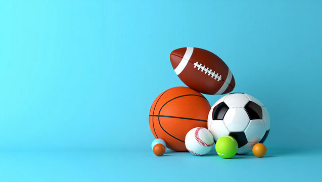 Assorted sports balls arranged on a blue background football basketball - Powered by Adobe