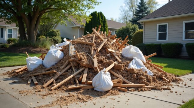 Square view of construction debris and rubbish bags on driveway, suburban homes in back, showing renovation cleanup.