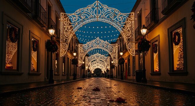 Street christmas lights empty festive street with ornate arches of golden fairy lights, hanging strings, shop windows glowing with wreaths, wet cobblestones reflecting sparkle, magical holiday evening - Powered by Adobe