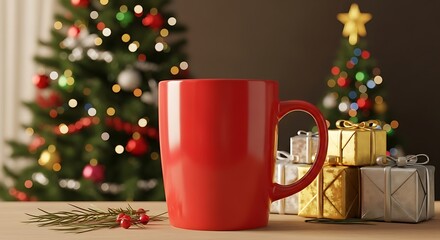 A red mug sits on a wooden surface in front of a decorated Christmas tree and gifts.