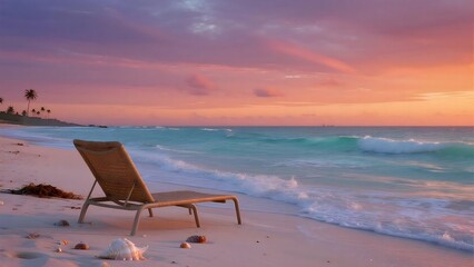 Tranquil twilight beach with blue waves and empty woven chair. Relaxation atmosphere for travel, wellness, and tropical vacation design