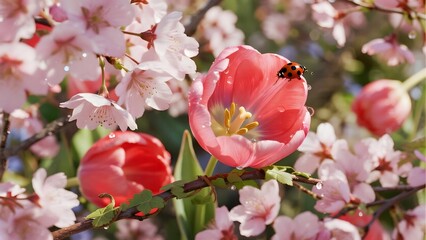Spring garden in bloom with pink cherry blossoms and tulips, morning dew. Ideal for seasonal design, gardening, and fresh nature content