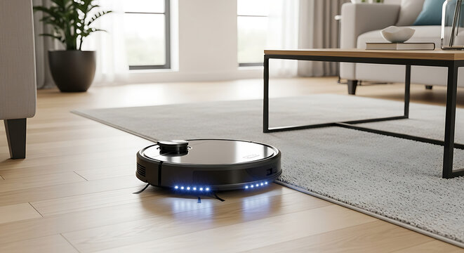 A robotic vacuum cleaner cleaning a hardwood floor with a rug and a coffee table in the background ai generated