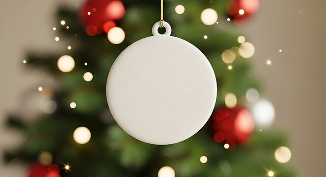 A blank round ornament hangs on a decorated Christmas tree with soft bokeh lights.