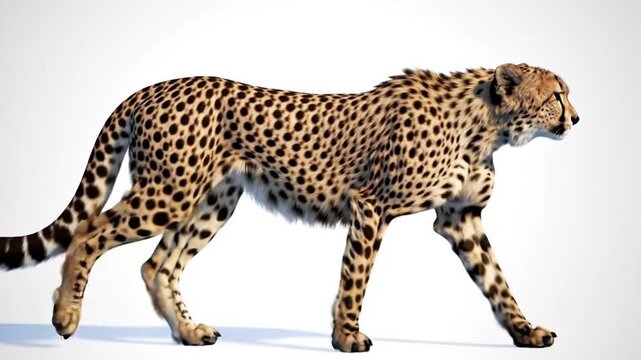 A side view of a cheetah in motion, displaying its spots and body structure