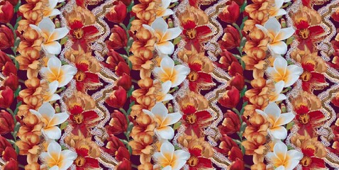 Vibrant seamless pattern celebrating Balinese cultural festivals with tropical flowers in rich reds, oranges, and golds, perfect for wallpaper.