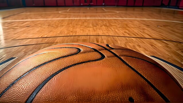 Basketball placed on indoor gym court surface, showing a simple athletic scene with quiet training mood, clean wooden floor and focus on team sport environment, practice and recreation atmosphere - Powered by Adobe
