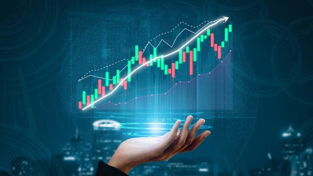 A hand holds a glowing financial graph with rising trend indicators and colorful candlestick animations, set against an urban night backdrop, symbolizing growth and investment. Copula