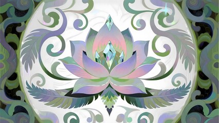 Abstract wellness mandala in soft pastel colors, with lotus flower and crystal motifs. Suitable for meditation, yoga, and mental health content design