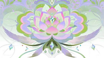 Abstract wellness mandala in soft pastel colors, with lotus flower and crystal motifs. Suitable for meditation, yoga, and mental health content design